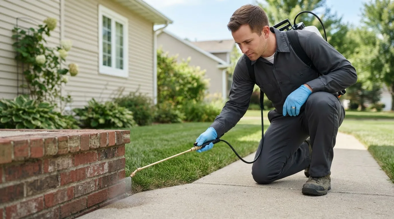 Pest control technician treating a home near Rothbury, MI