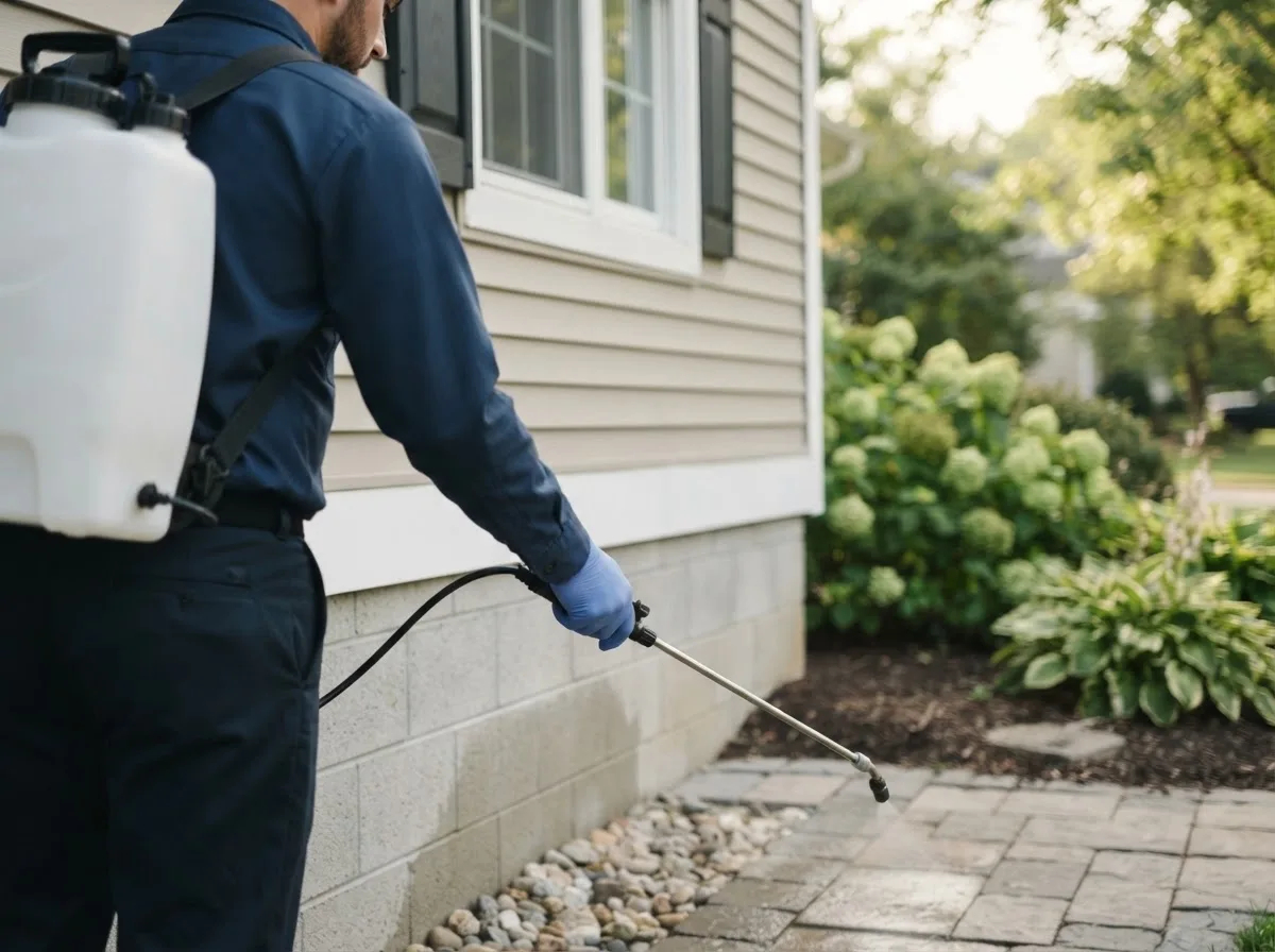 Pest control technician inspecting a home in Rothbury, MI